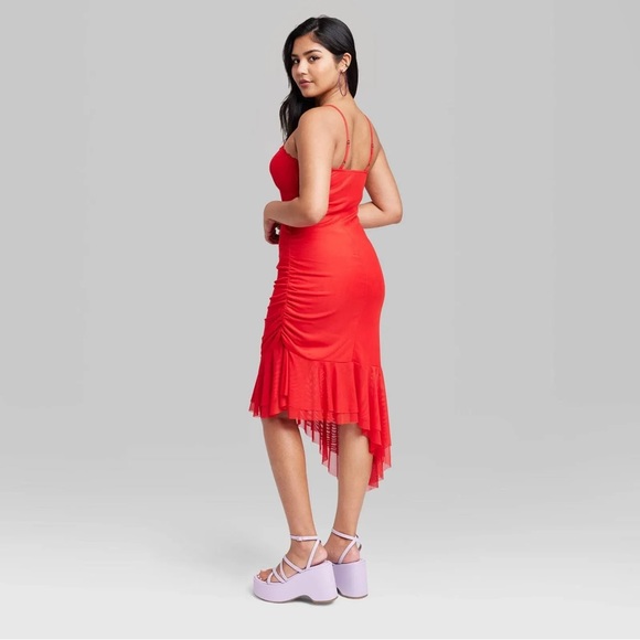 Small, Medium - WILD FABLE - Mesh Tulle Sleeveless Midi Dress Ruched Red NEW - Picture 2 of 5